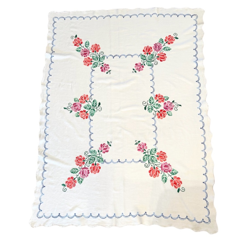 Vintage Cross Stitch Embroidered Table Cloth